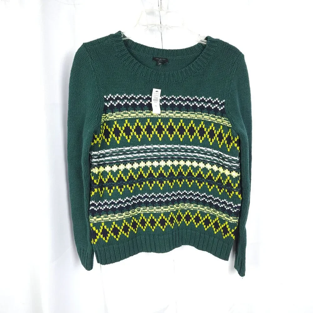NWT Talbots Diamond Fair Isle‎ Green Sweater Womens Petite Small